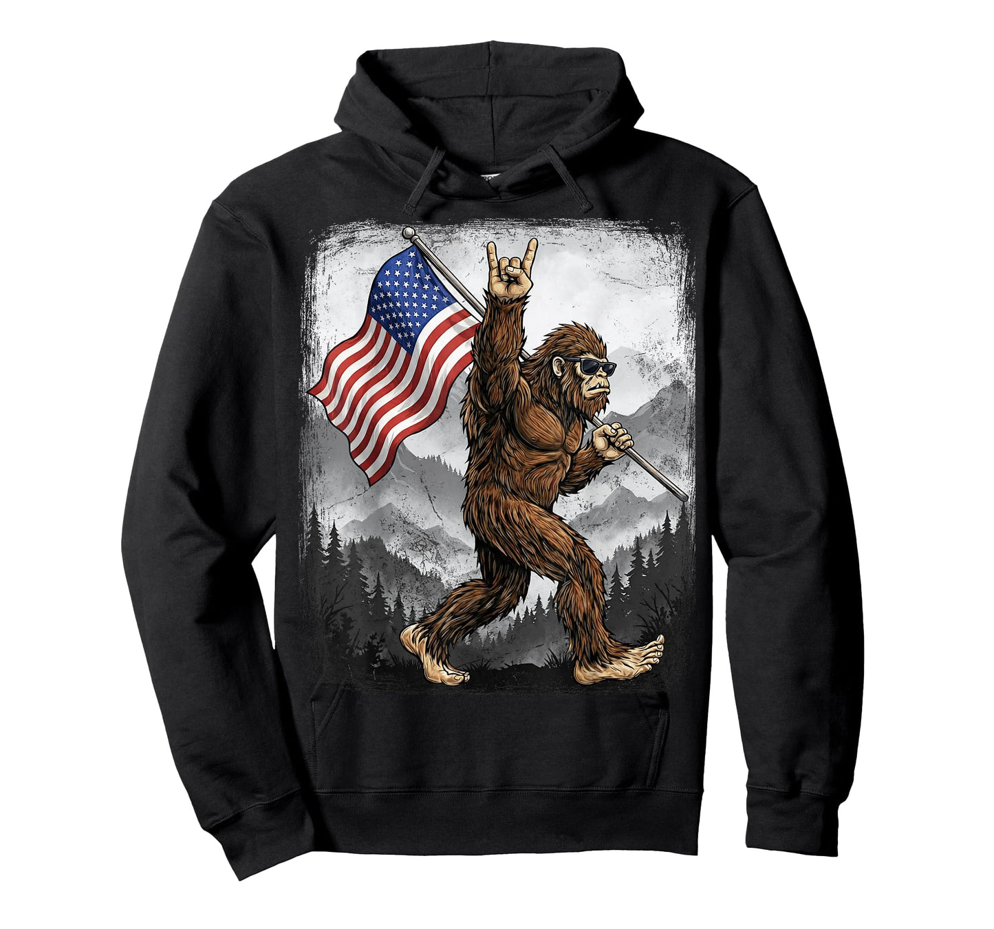 Bigfoot Rock On Hand Sign American Flag 4th of July USA T-Shirt