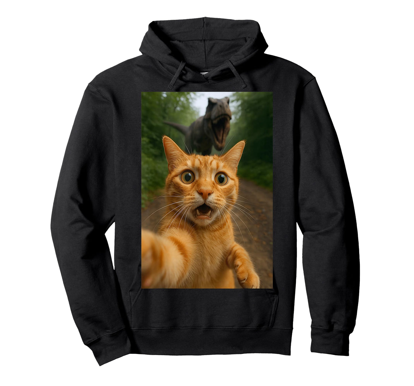 Cat Selfie Escape from Dinosaur Funny for Kids Teens Adult T-Shirt