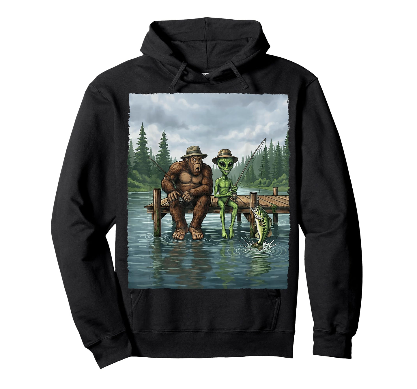 Funny Bigfoot Fishing Mens Alien Sasquatch Fishing Boys T-Shirt