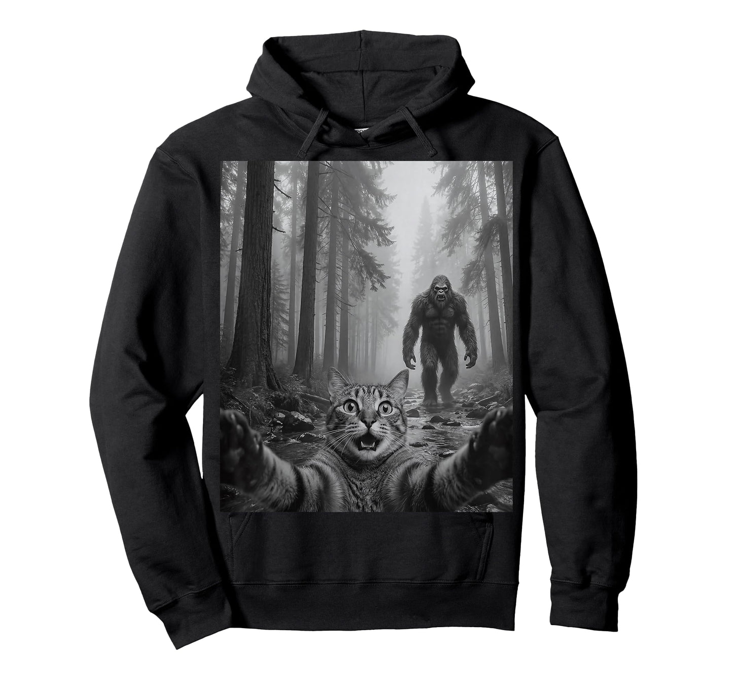 Funny Cute Tabby Cat Selfie with Bigfoot Men Women Kids T-Shirt