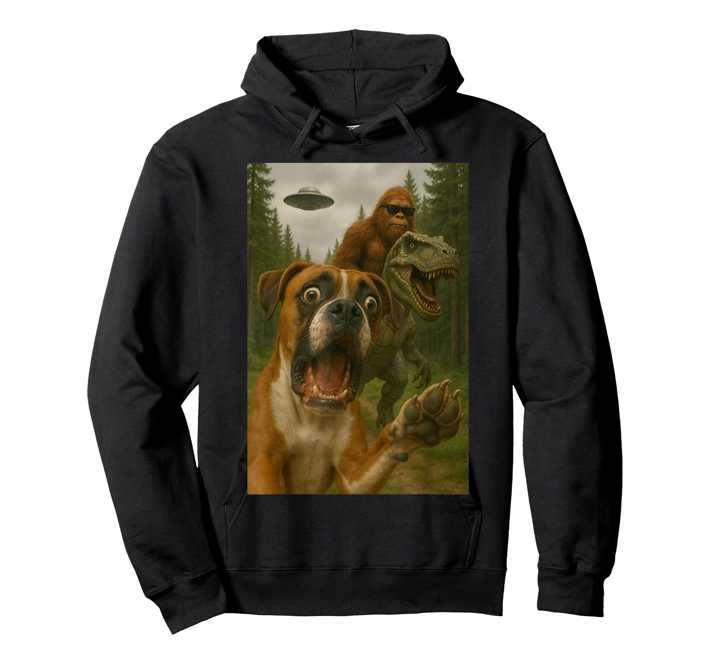 Shocked Boxer Dog T-Rex Bigfoot UFO Terrified Selfie Design T-Shirt