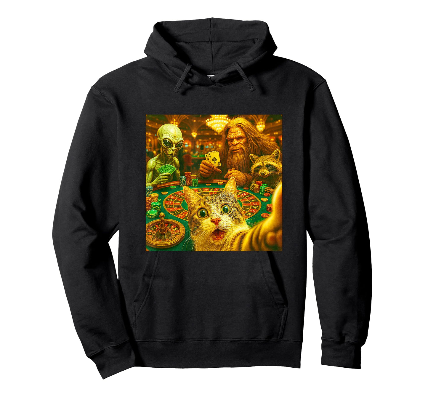 Funny Gambling Cat Raccoon Alien Bigfoot Selfie Art Casino T-Shirt