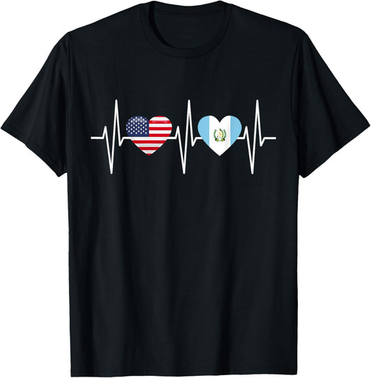 USA Guatemala Shirt Heartbeat America Guatemalan Flag Heart T-Shirt - T-Shirt | Black