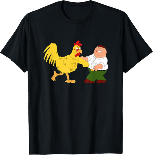 Family Guy Peter & The Giant Chicken Fighting Funny Cartoon T-Shirt - T-Shirt | Black