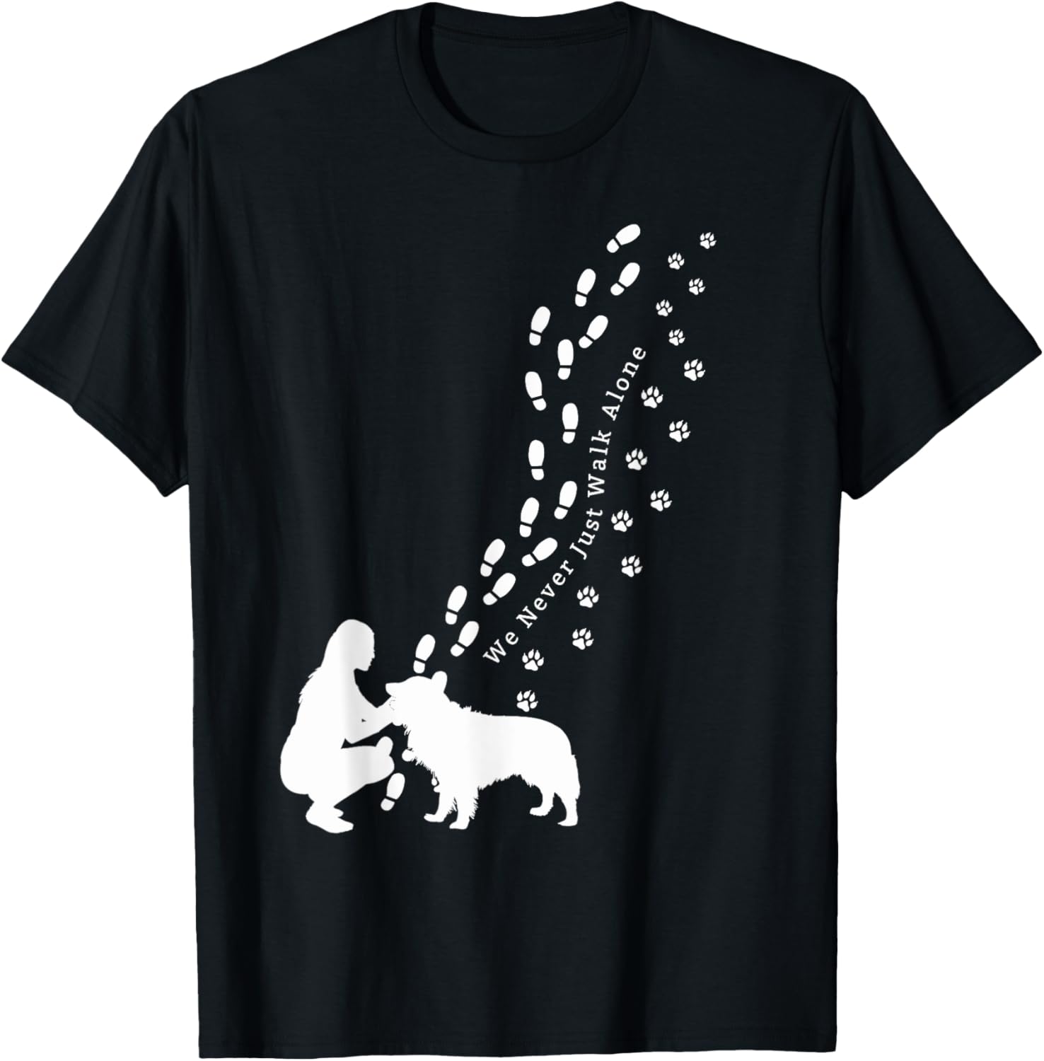 Never Just Walk Alone Dog Owner & Dog Paw Print T-Shirt - T-Shirt | Black