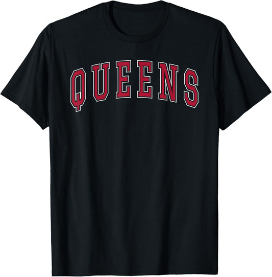 Queens New York Souvenir College Style Red Text T-Shirt - T-Shirt | Black