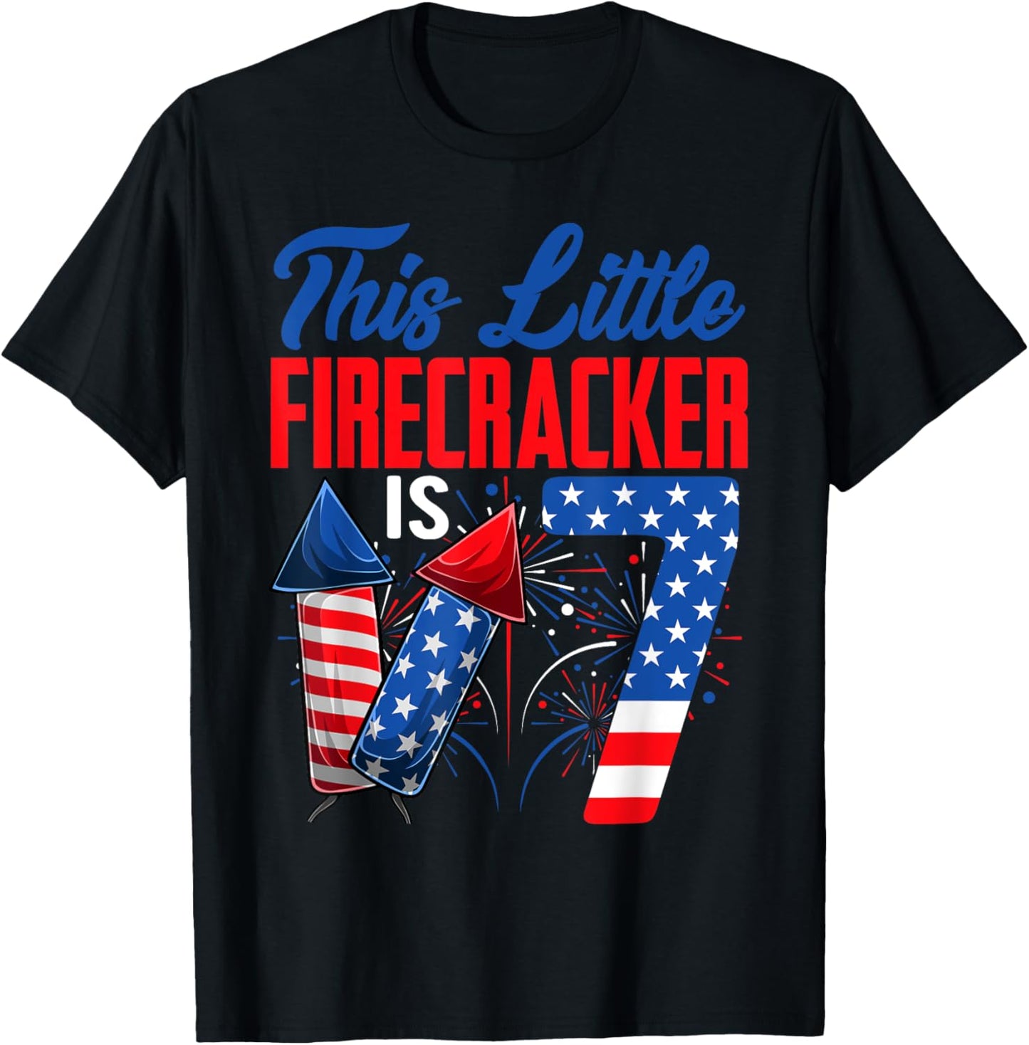 This Little Firecracker Is 7 Years Old Birthday 4th Of July Women Kids Men T-Shirt - T-Shirt | Black