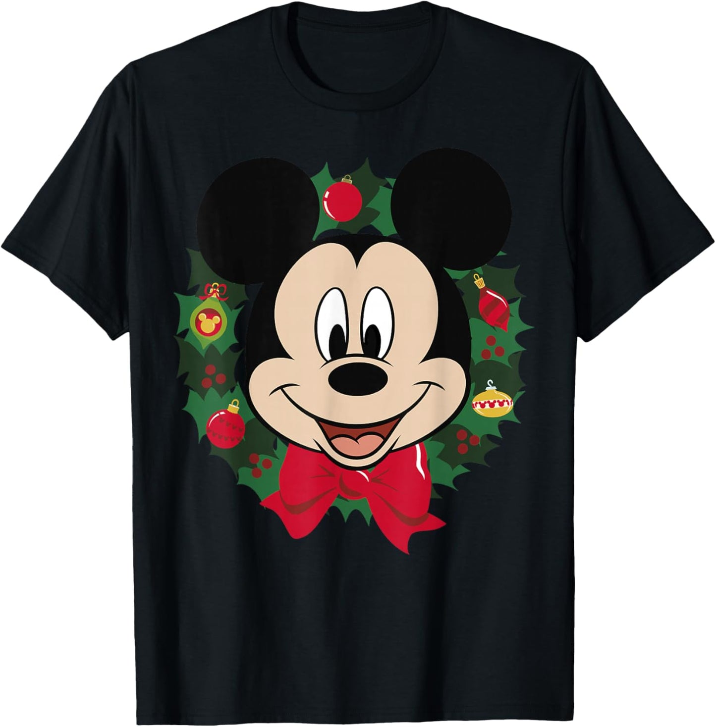 Disney Mickey Mouse Christmas Wreath Portrait T-Shirt - T-Shirt | Black