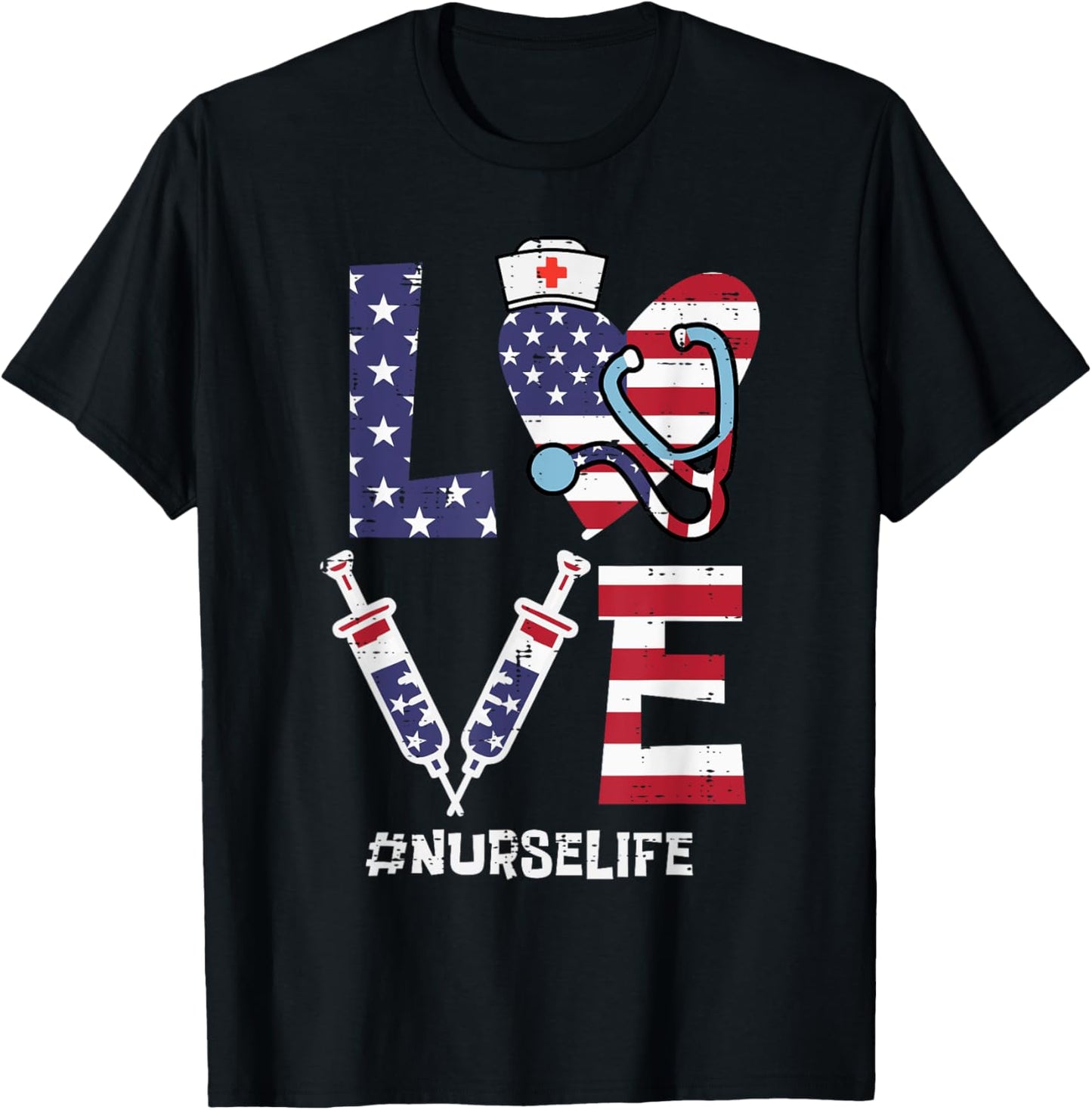 Love Stethoscope Nurse Fourth 4th Of July Nursing Patriot T-Shirt - T-Shirt | Black