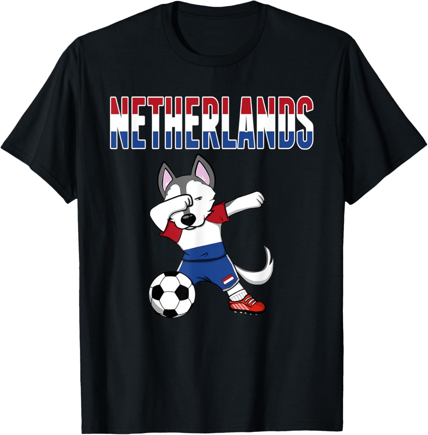 Dabbing Husky Dog Netherlands Soccer Fans Jersey Dutch Flag Men Women Kids T-Shirt - T-Shirt | Black