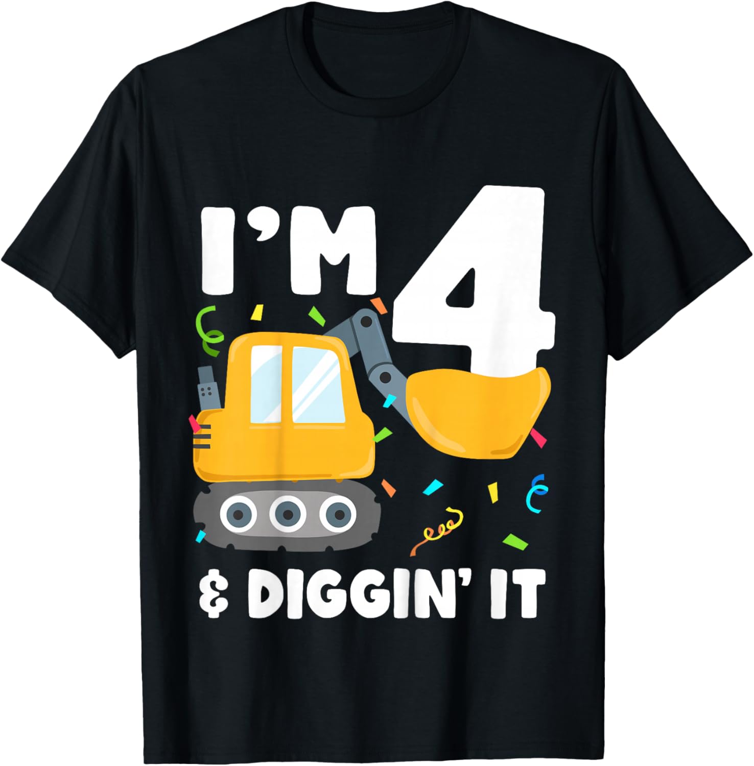 Kids Construction Truck 4th Birthday Boy 4 Four Excavator Digger T-Shirt - T-Shirt | Black