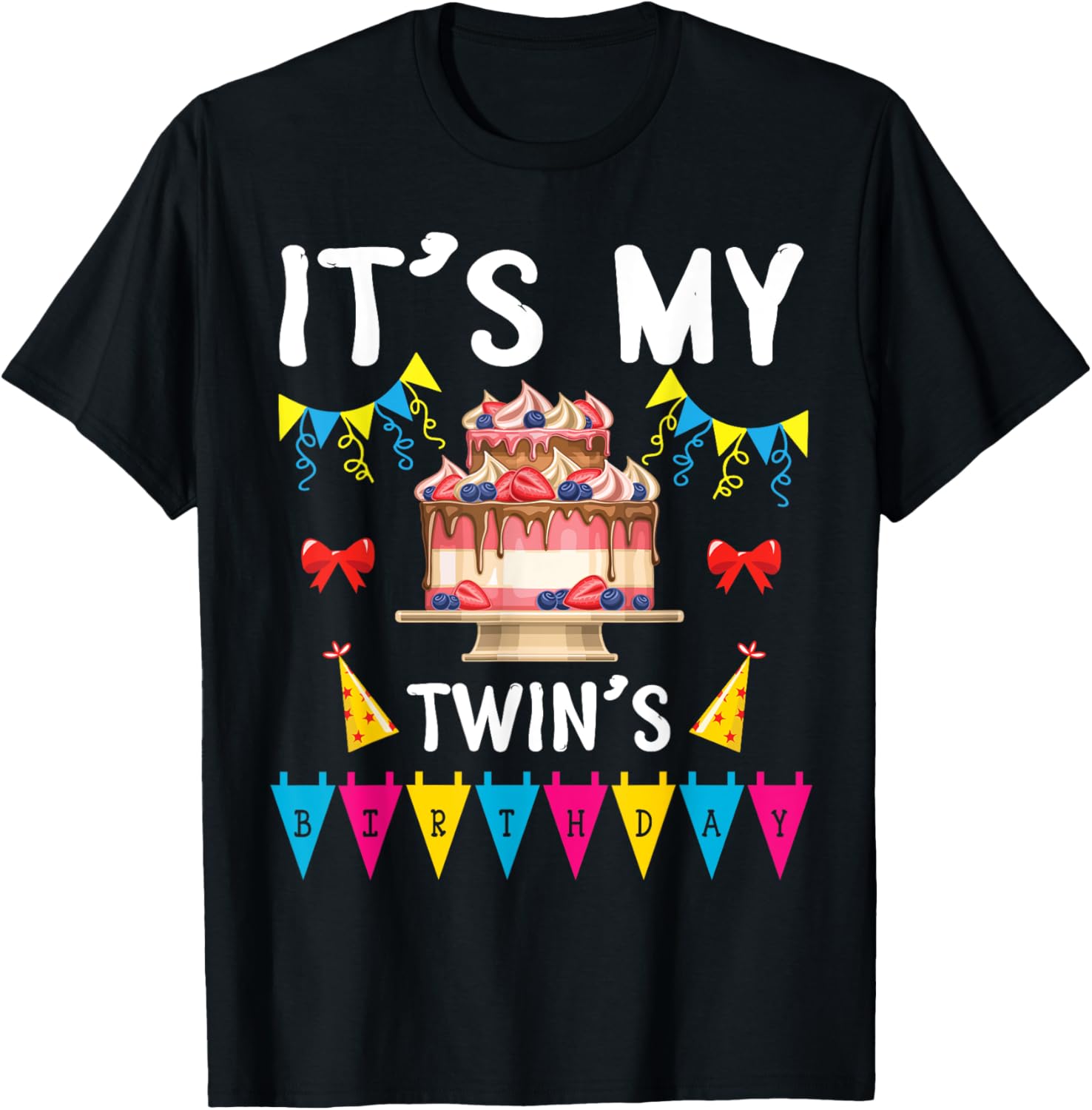 Big Cake Balloon Happy To Me Dad Mom It's My Twin's Birthday T-Shirt - T-Shirt | Black