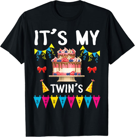 Big Cake Balloon Happy To Me Dad Mom It's My Twin's Birthday T-Shirt - T-Shirt | Black