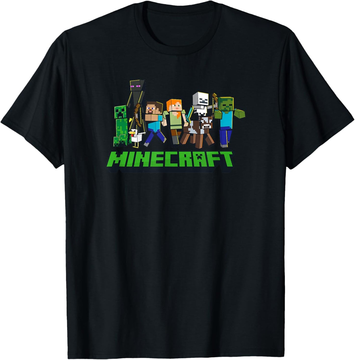 Minecraft -Adults Kids , Skeleton, Grey, Small, Short Sleeve, , Modern, Graphic Design, Lightweight T-Shirt - T-Shirt | Black