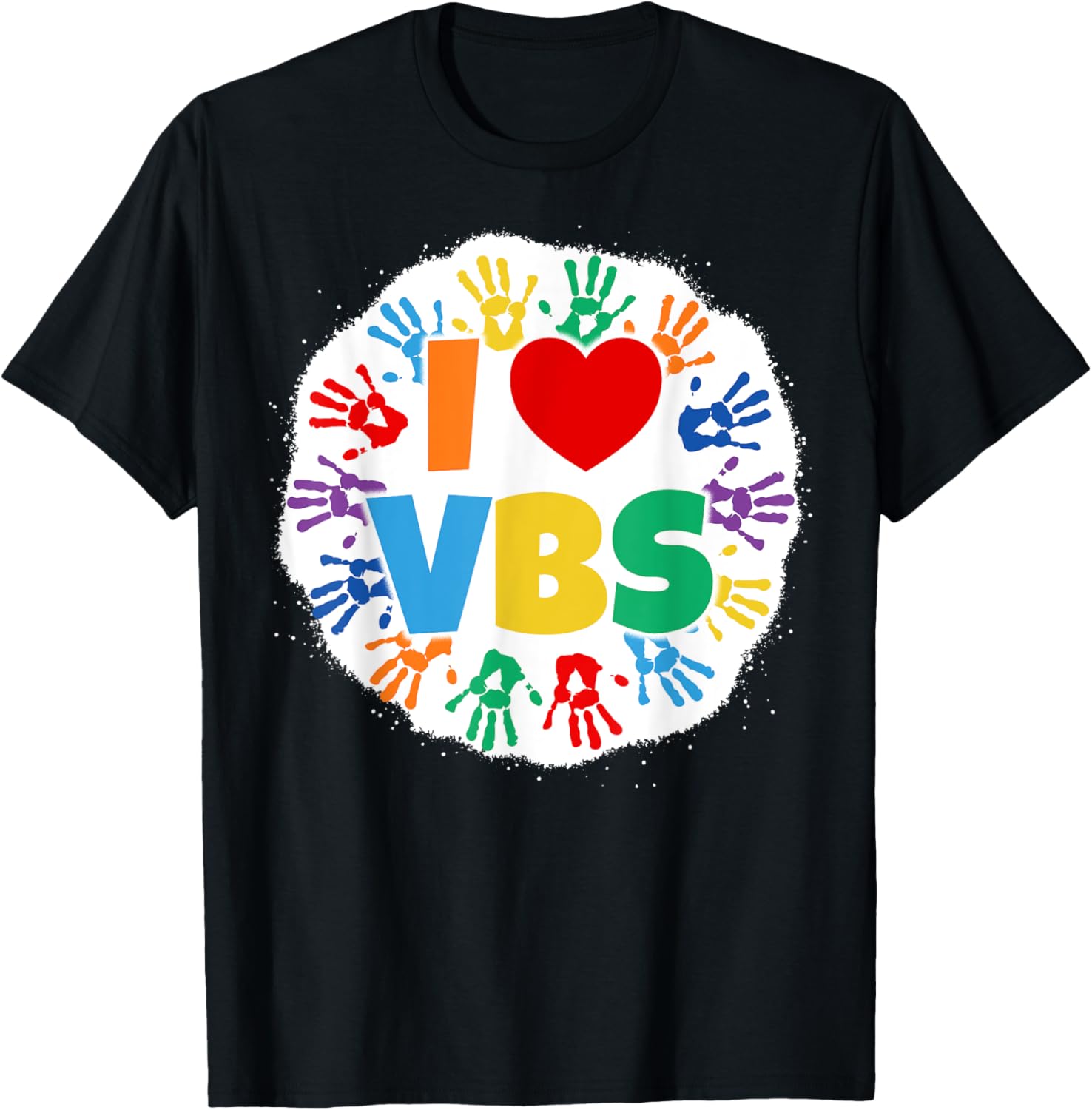 2022 Vacation Bible School Bleached Handprints I Love VBS T-Shirt - T-Shirt | Black