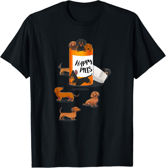 Funny Happy Pills Tan Black Dachshund Lover T-Shirt - T-Shirt | Black