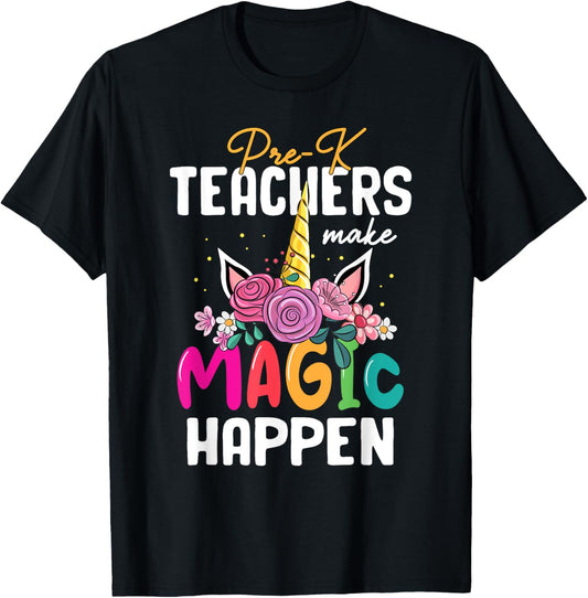 Pre-K Teachers Make Magic Happen Unicorn Back To School T-Shirt - T-Shirt | Black