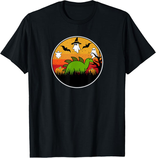 Stegosaurus Dinosaur Dino Pumpkin Patch Bat Ghost Kawaii T-Shirt - T-Shirt | Black
