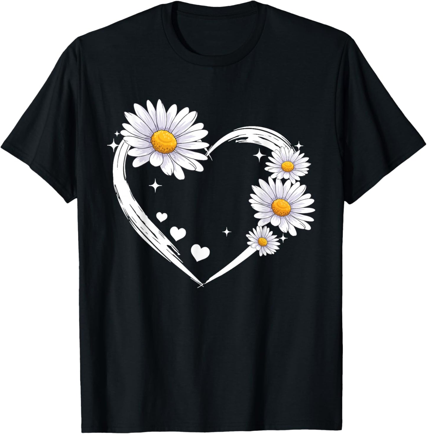 Heart with Daisy Flowers, Daisies with Heart Outline T-Shirt - T-Shirt | Black