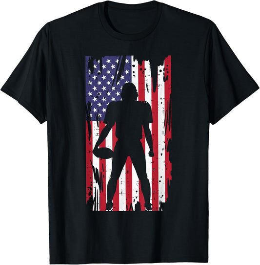 US Flag American Football Player Silhouette Vintage Patriot T-Shirt - T-Shirt | Black
