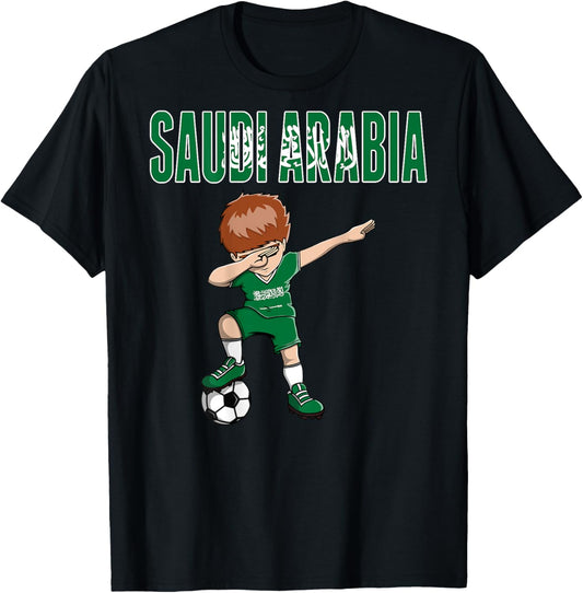Dabbing Soccer Boy Saudi Arabia Soccer Fan Jersey Saudi Flag T-Shirt - T-Shirt | Black