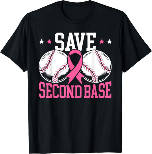 Save 2nd Base Baseball Player Breast Cancer Awareness T-Shirt - T-Shirt | Black