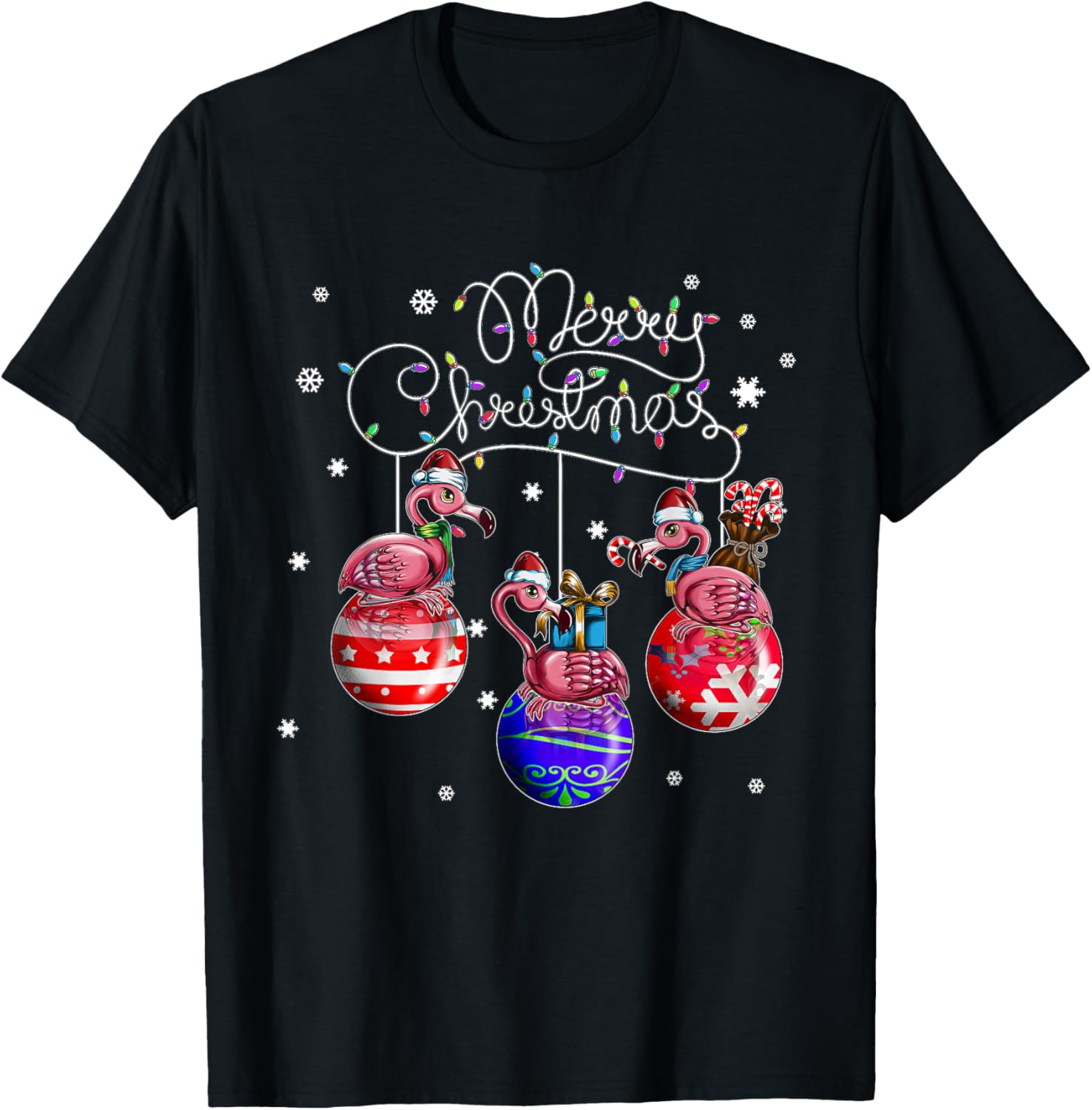 Merry Christmas Flamingo Christmas Ball Motif Christmas T-Shirt - T-Shirt | Black