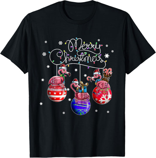 Merry Christmas Flamingo Christmas Ball Motif Christmas T-Shirt - T-Shirt | Black