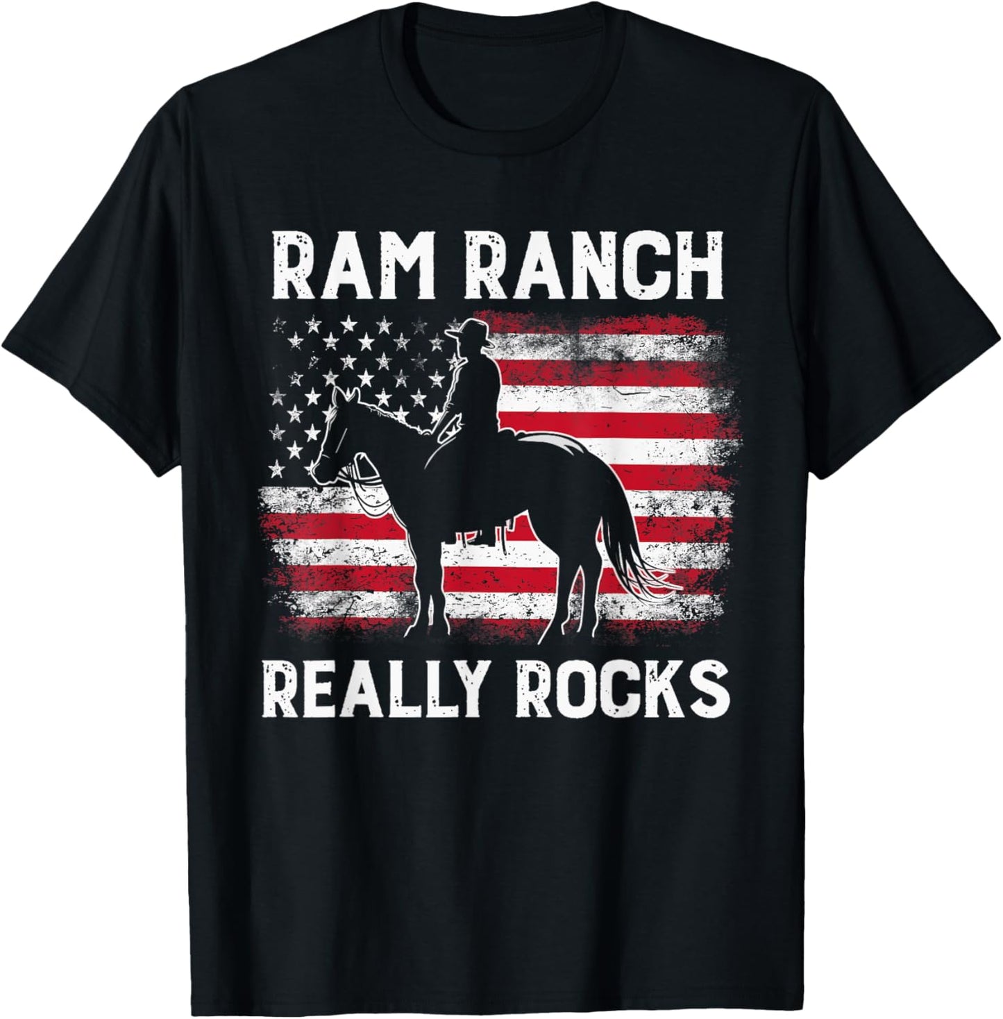 Ram Ranch Really Rocks Western Cowboy Horseback USA Flag T-Shirt - T-Shirt | Black