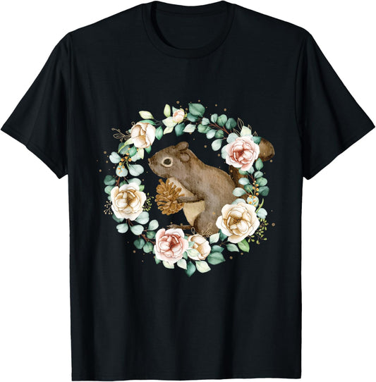 Squirrel Floral - Squirrel Lover Animal Lover T-Shirt - T-Shirt | Black