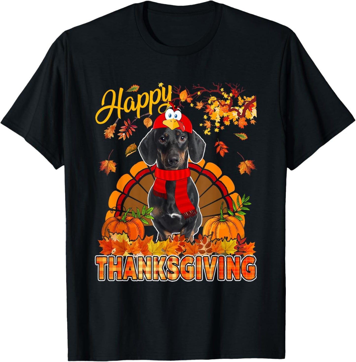 Thanksgiving Dachshund Wearing Turkey Costume Fall Leaves T-Shirt - T-Shirt | Black