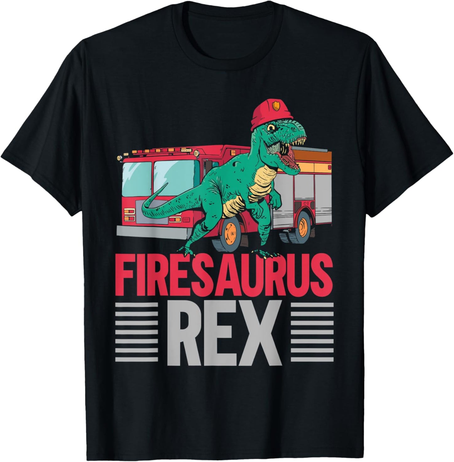 Firesaurus Rex Firefighting Fireman Firefighter Dinosaur T-Shirt - T-Shirt | Black