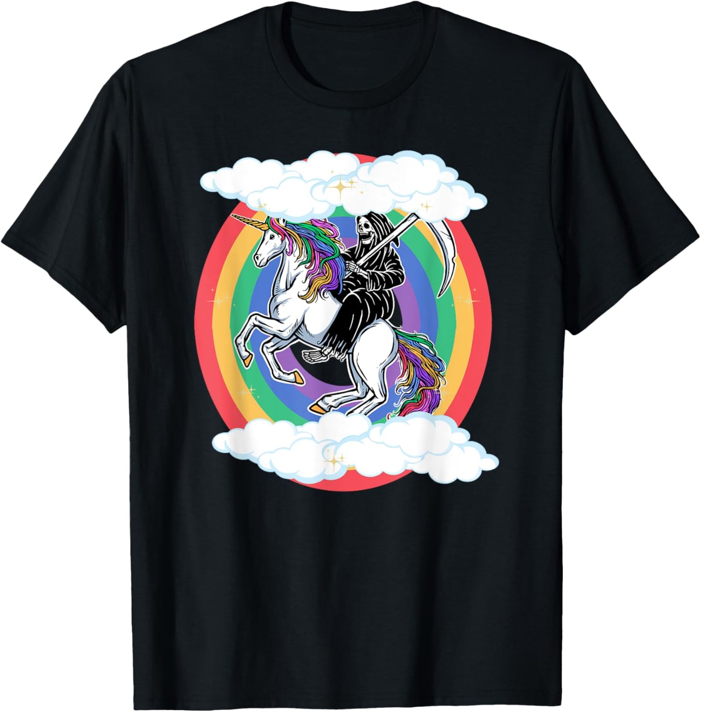 Skeleton Riding Unicorn Funny Unicorns Rainbow Lover Graphic T-Shirt - T-Shirt | Black