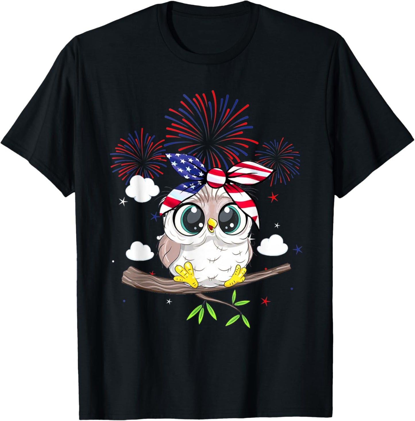 Snowy Owl Graphic Red White Blue Fireworks Decor 4th Of July Kids Men T-Shirt - T-Shirt | Black