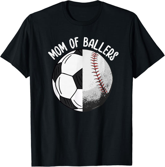 Mom of Ballers Soccer Baseball Mama T-Shirt - T-Shirt | Black