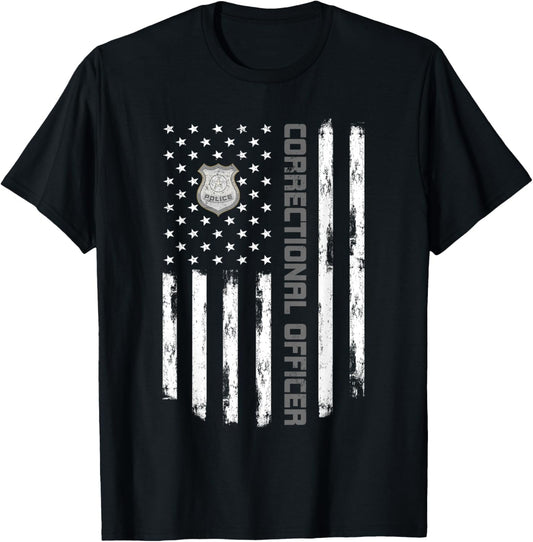 Correctional Officer Flag Graphic Thin Silver Line Matching T-Shirt - T-Shirt | Black