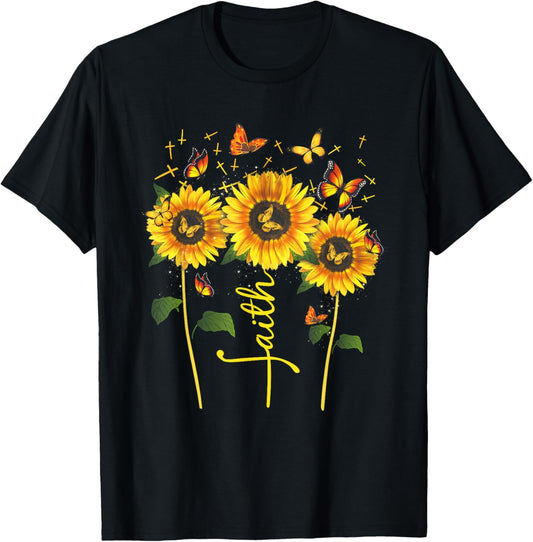 Vintage Faith Cross Sunflower Butterflies Flowers Christians T-Shirt - T-Shirt | Black