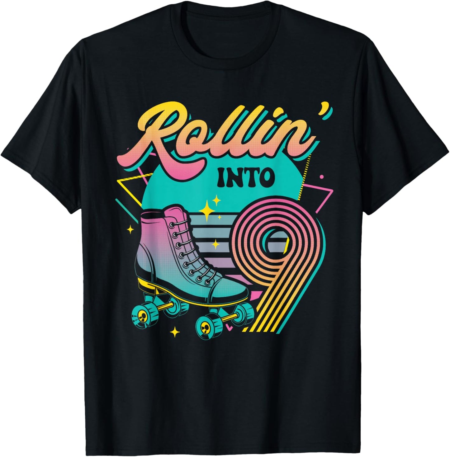 Roller Skate 9th Birthday Party Rolling into 9 Retro Girl T-Shirt - T-Shirt | Black
