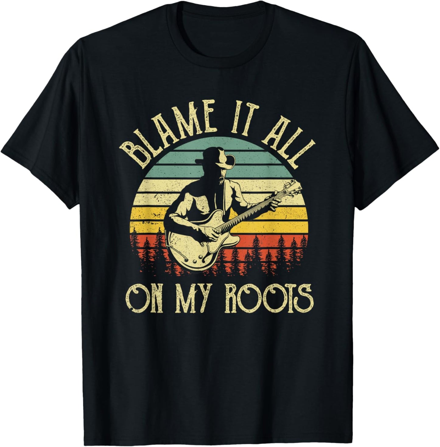 Vintage Cowboy Hat Guitar Blame It All On My Roots T-Shirt - T-Shirt | Black