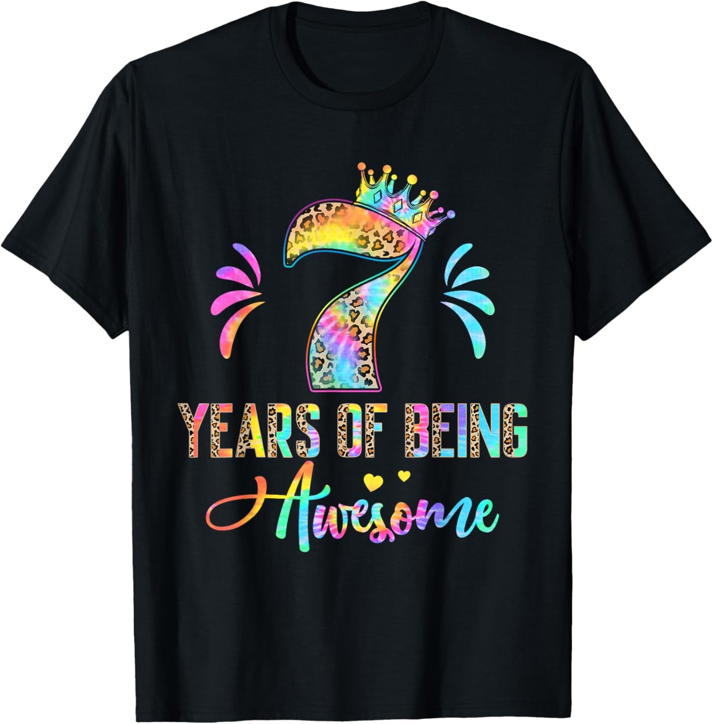 Kids Seven Year Old Rainbow 7th Birthday Leopard For Girls 7 T-Shirt - T-Shirt | Black