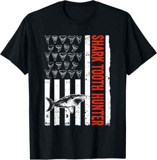 Shark Teeth Collecting US Flag Shark Tooth Hunter T-Shirt - T-Shirt | Black