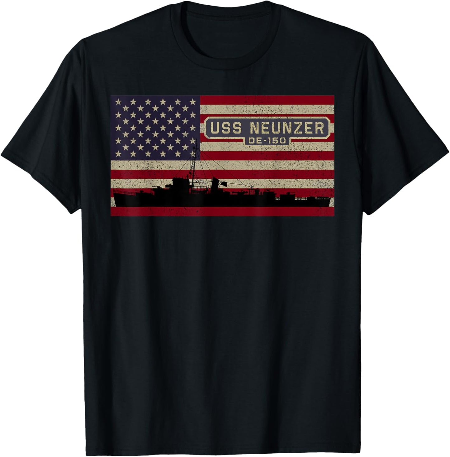 USS Neunzer DE-150 WW2 Ship American Flag T-Shirt - T-Shirt | Black