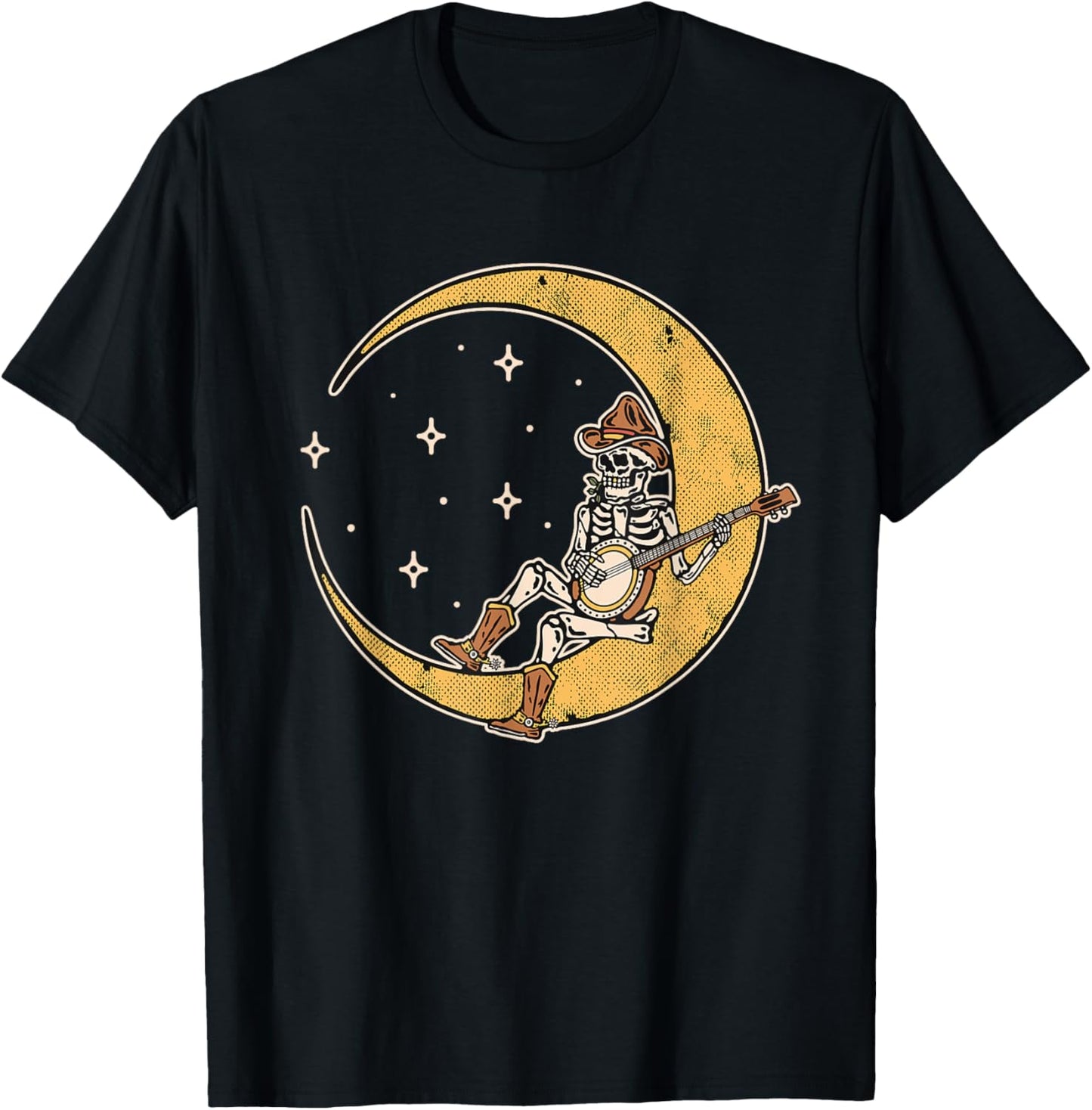 Skeleton Banjo Player Moon Country Music Cowboy Outlaw Funny T-Shirt - T-Shirt | Black