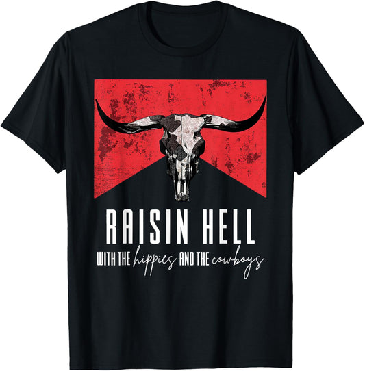 Raising-Hell With The Hippies And Cowboys Western Cowhide T-Shirt - T-Shirt | Black