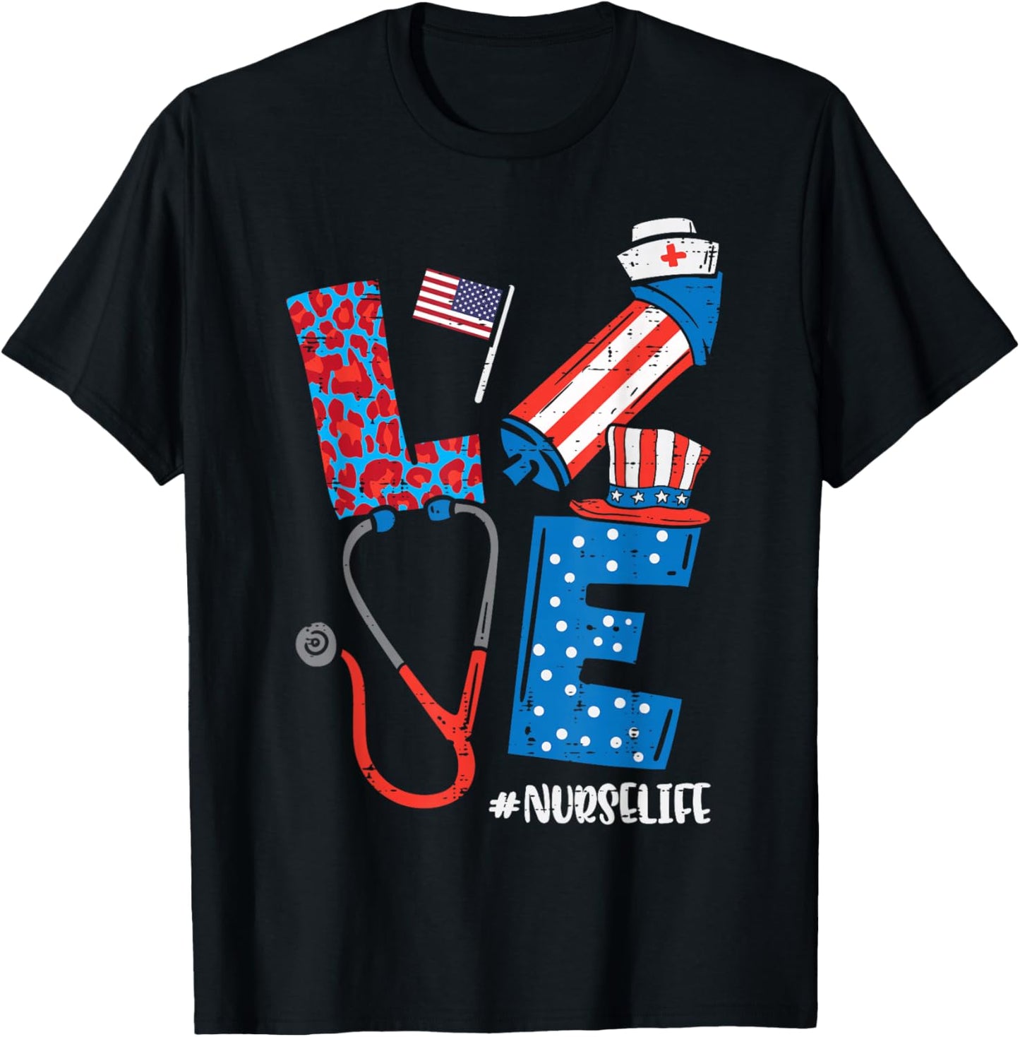 Love Leopard Nurse Life 4th Of July Scrub Top Patriot Women T-Shirt - T-Shirt | Black