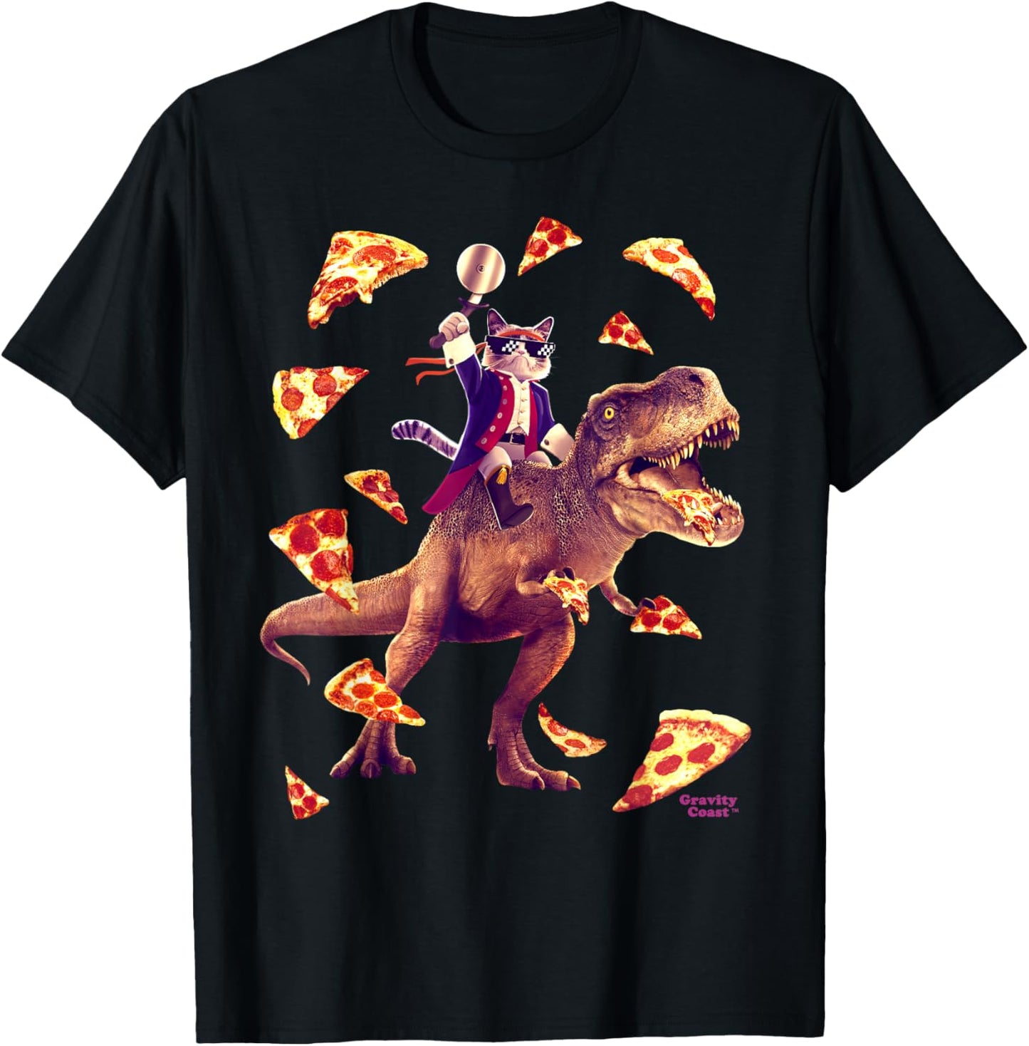 Samurai Cat Riding T Rex Eating Pizza Funny Dino for Kids T-Shirt - T-Shirt | Black