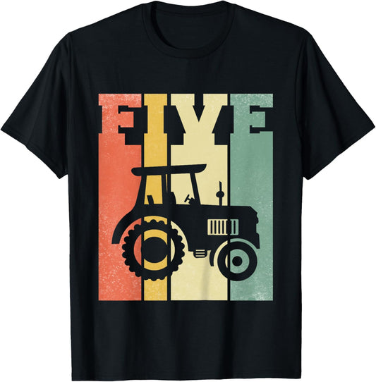 Vintage Farm Tractor Five Year 5th Birthday Farmer Barnyard T-Shirt - T-Shirt | Black