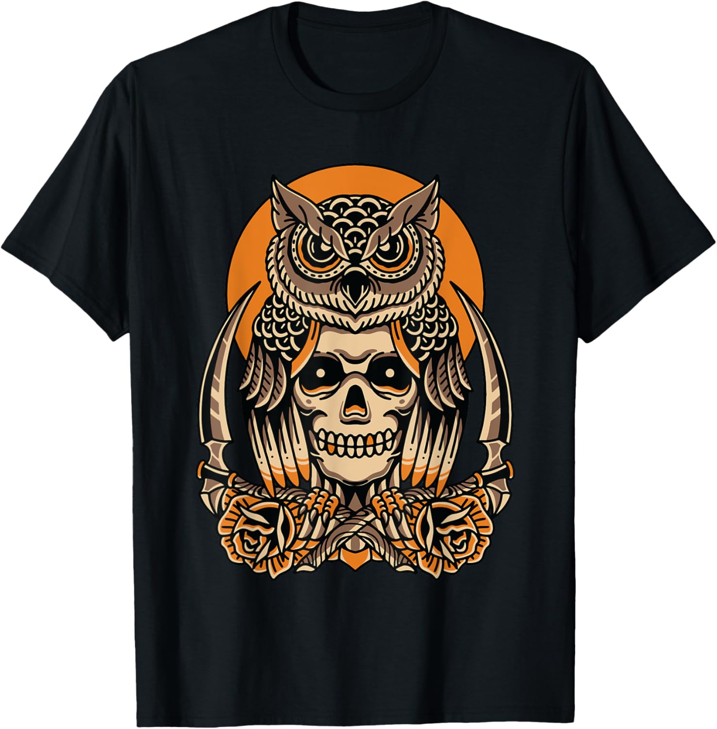 Owl Skull American Traditional Tattoo Old School Flash T-Shirt - T-Shirt | Black