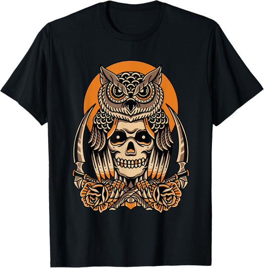 Owl Skull American Traditional Tattoo Old School Flash T-Shirt - T-Shirt | Black