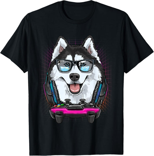 Siberian Husky Dog Gamer Computer Video Gamer Husky Lover T-Shirt - T-Shirt | Black